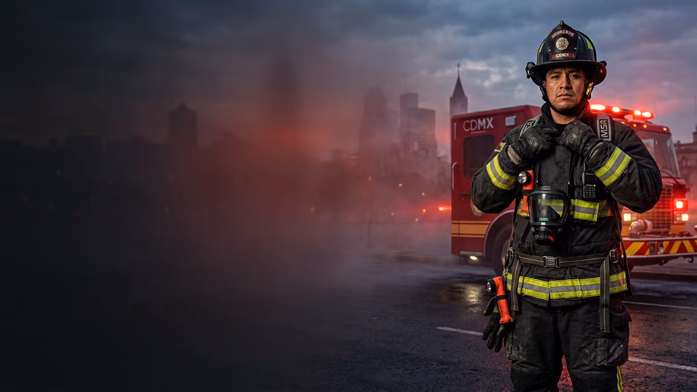 Bombero uniformado junto a unidad de emergencia en México