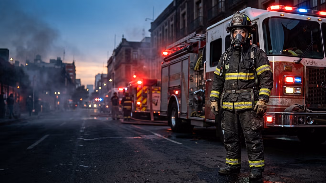 Bombero uniformado junto a unidad de emergencia en México