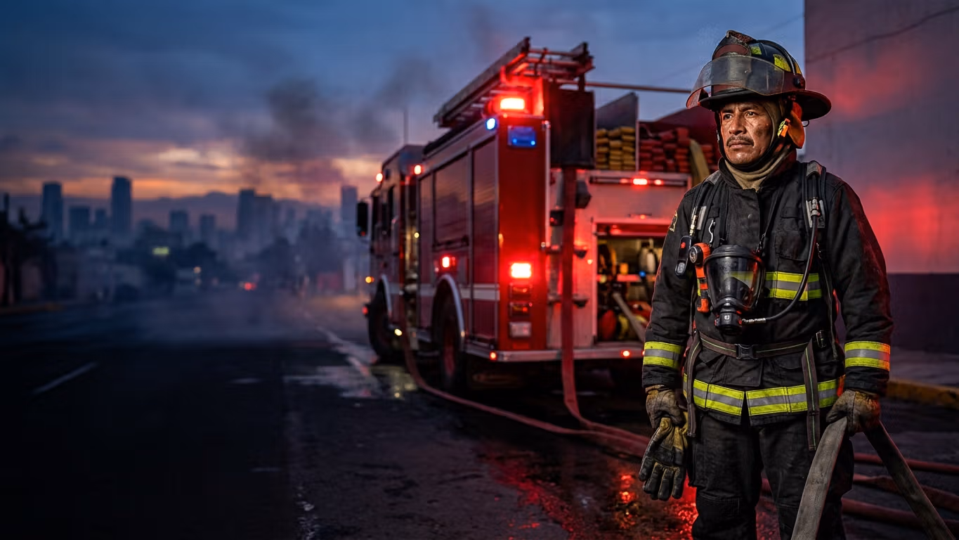 Bombero uniformado junto a unidad de emergencia en México