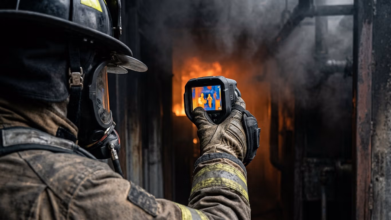 Bombero operando cámara térmica de detección en escena de emergencia