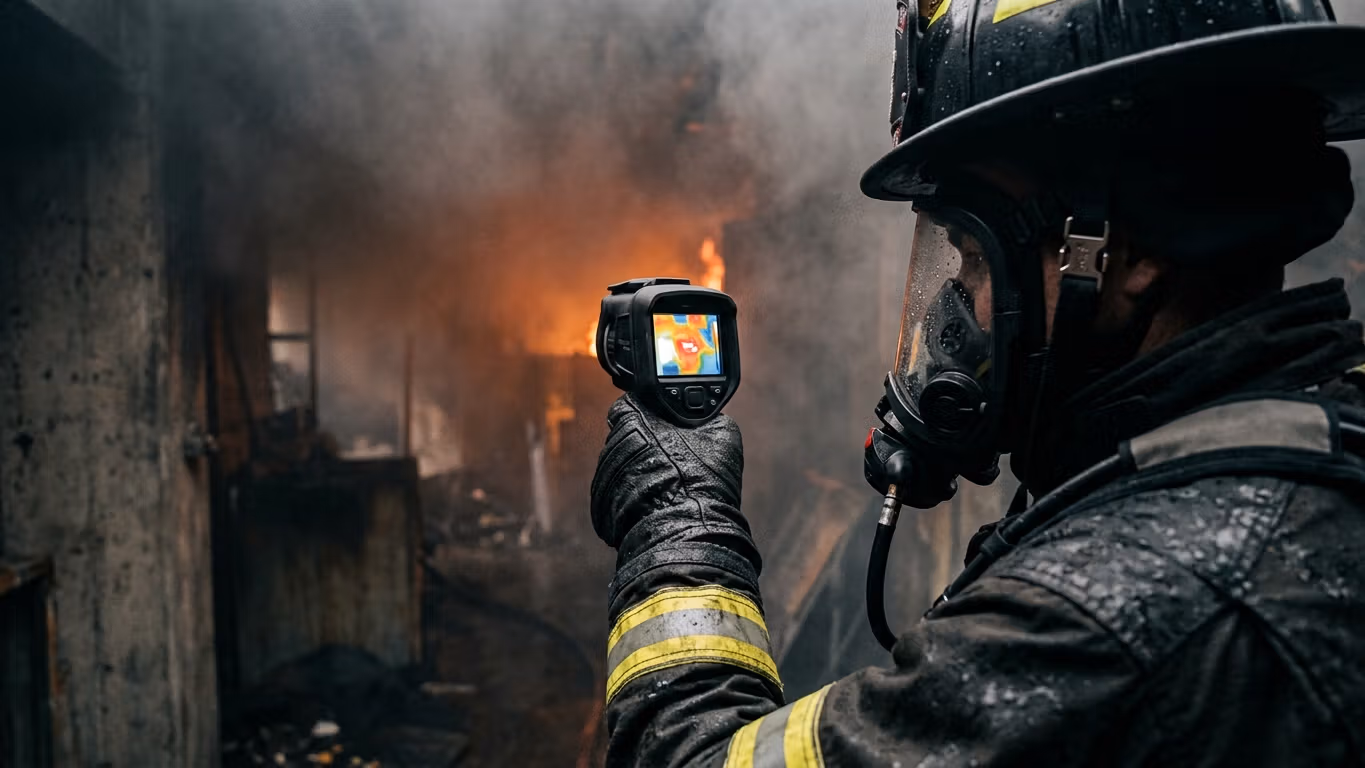 Bombero operando cámara térmica de detección en escena de emergencia