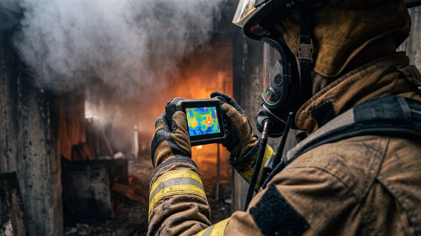 Bombero operando cámara térmica de detección en escena de emergencia