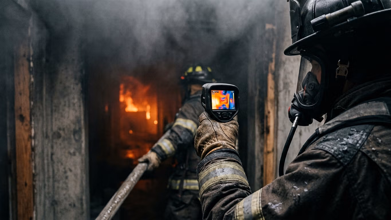 Bombero operando cámara térmica de detección en escena de emergencia