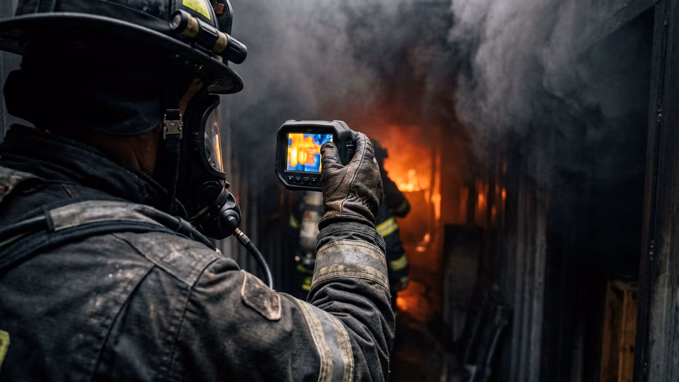Bombero operando cámara térmica de detección en escena de emergencia