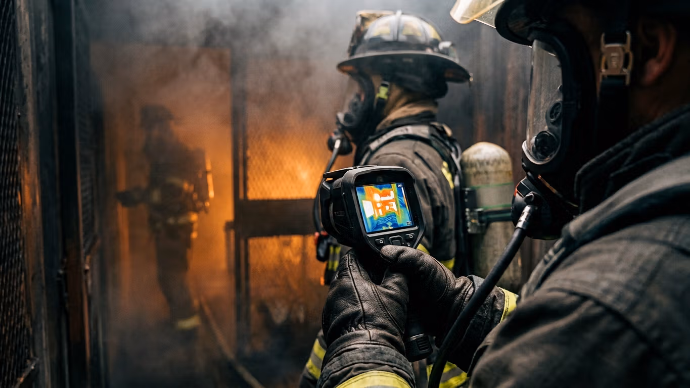 Bombero operando cámara térmica de detección en escena de emergencia