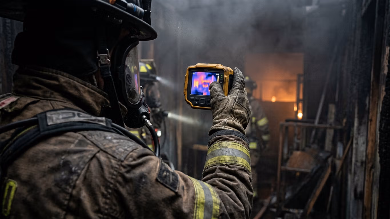 Bombero operando cámara térmica de detección en escena de emergencia