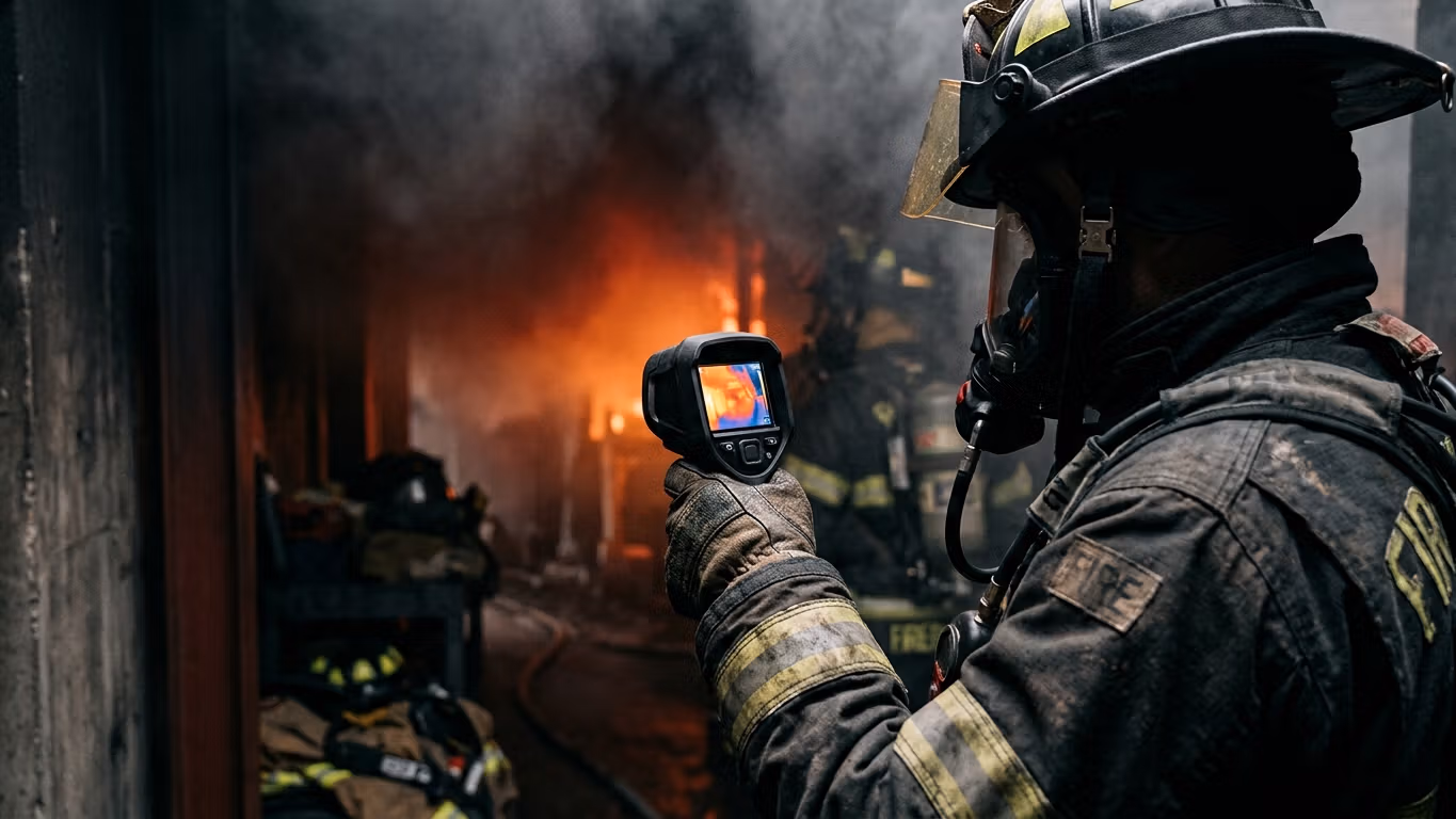 Bombero operando cámara térmica de detección en escena de emergencia