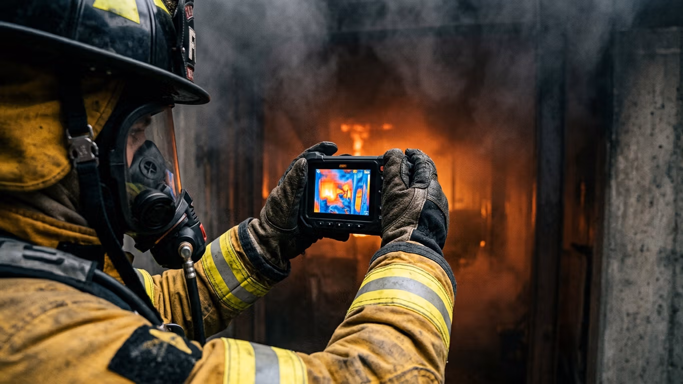Bombero operando cámara térmica de detección en escena de emergencia