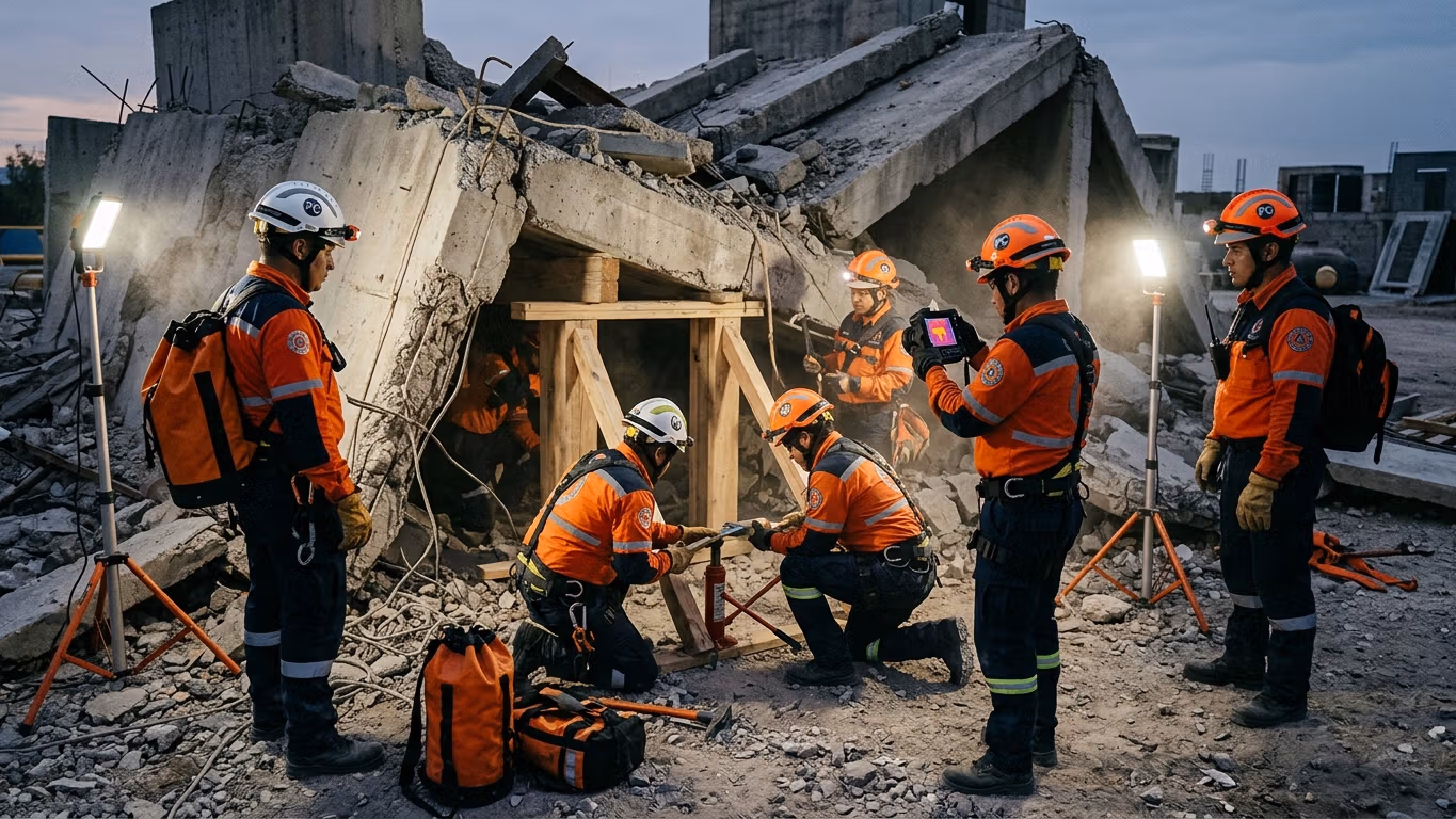 Brigada de bomberos durante ejercicio de entrenamiento y capacitación operativa