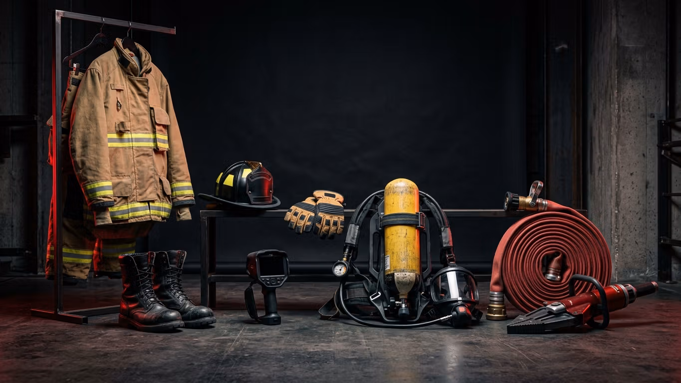 Equipo profesional contra incendios y extintores dispuesto para inspección