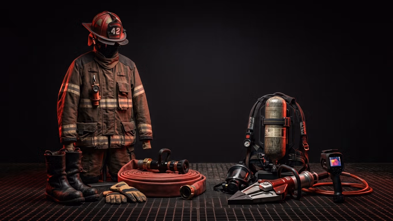 Equipo profesional contra incendios y extintores dispuesto para inspección