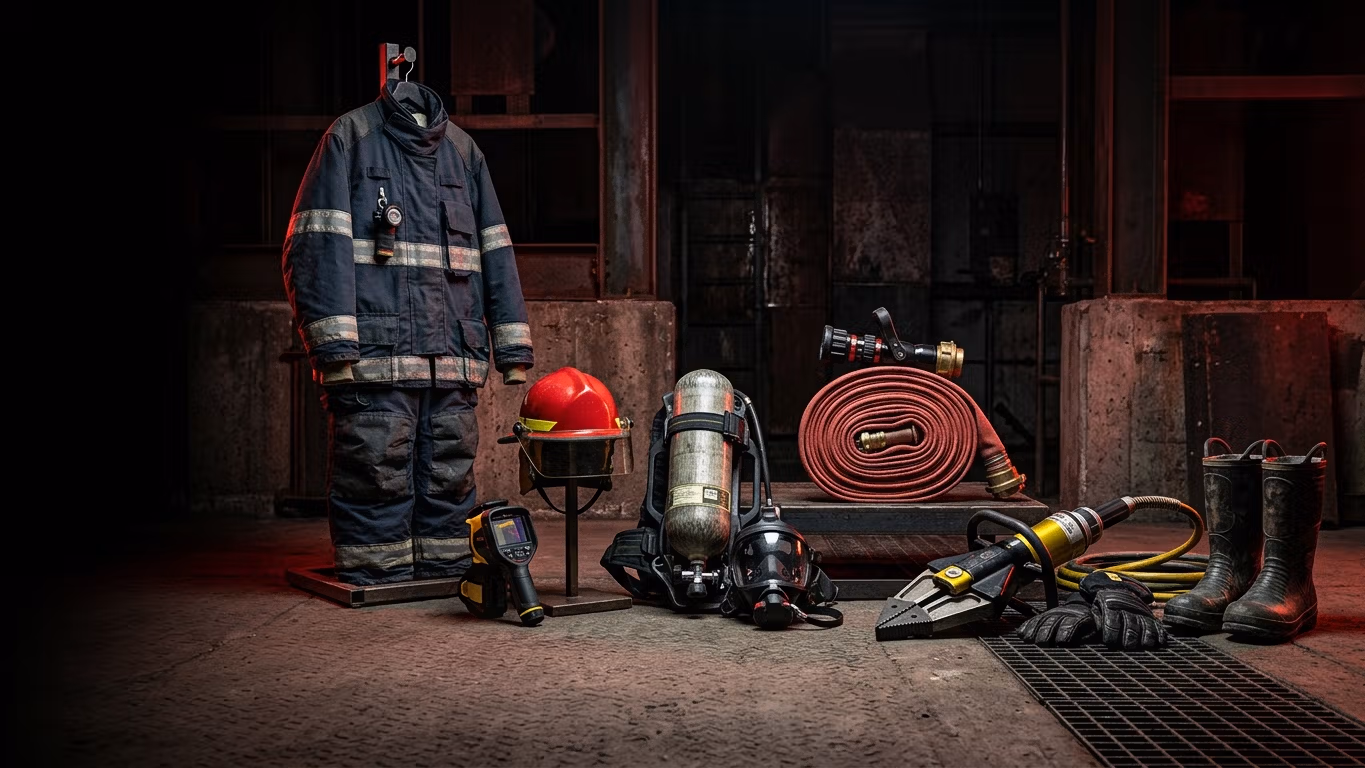 Equipo profesional contra incendios y extintores dispuesto para inspección