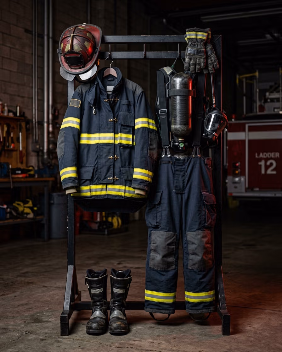 Equipo de protección personal completo del bombero exhibido en rack de estación