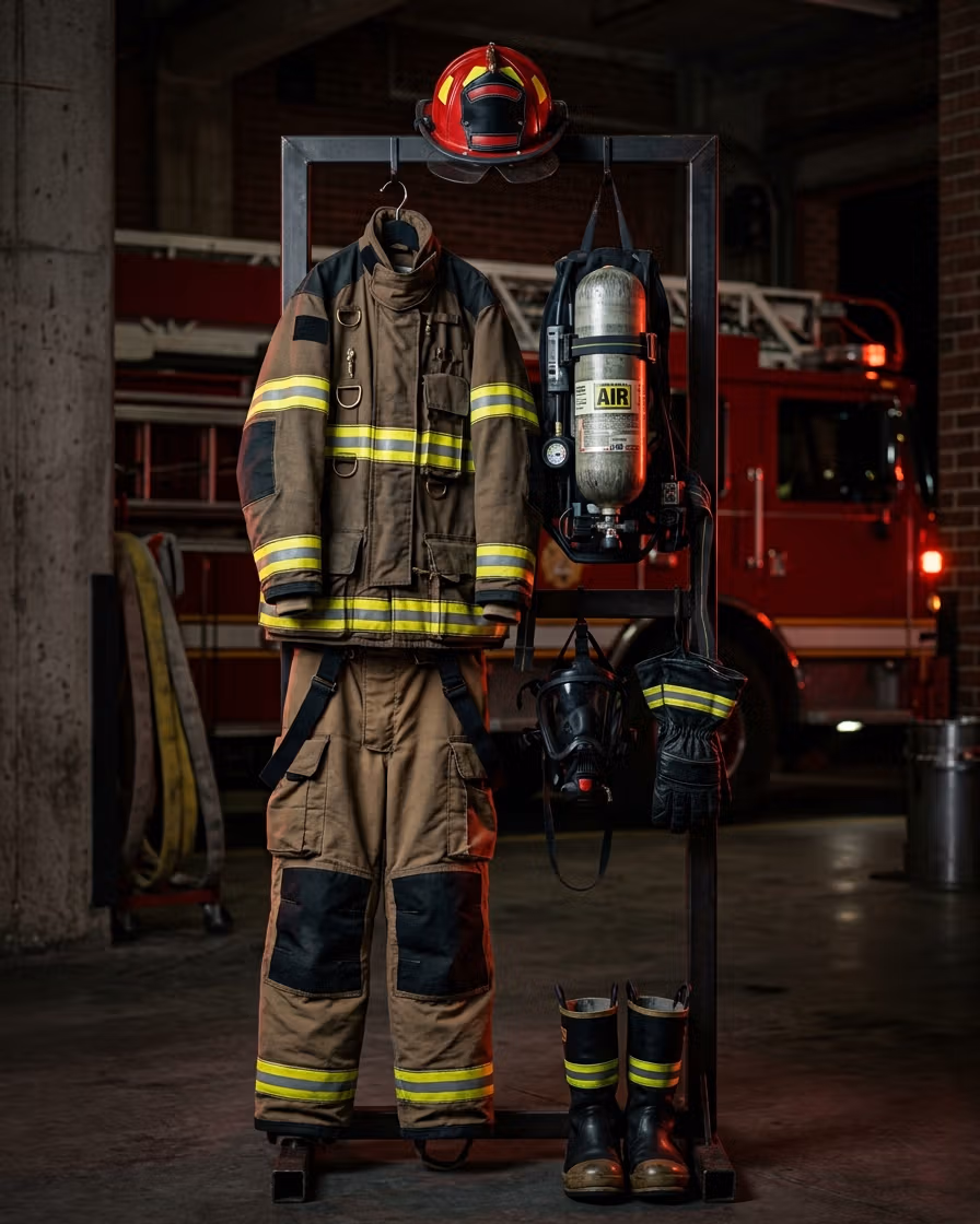 Equipo de protección personal completo del bombero exhibido en rack de estación