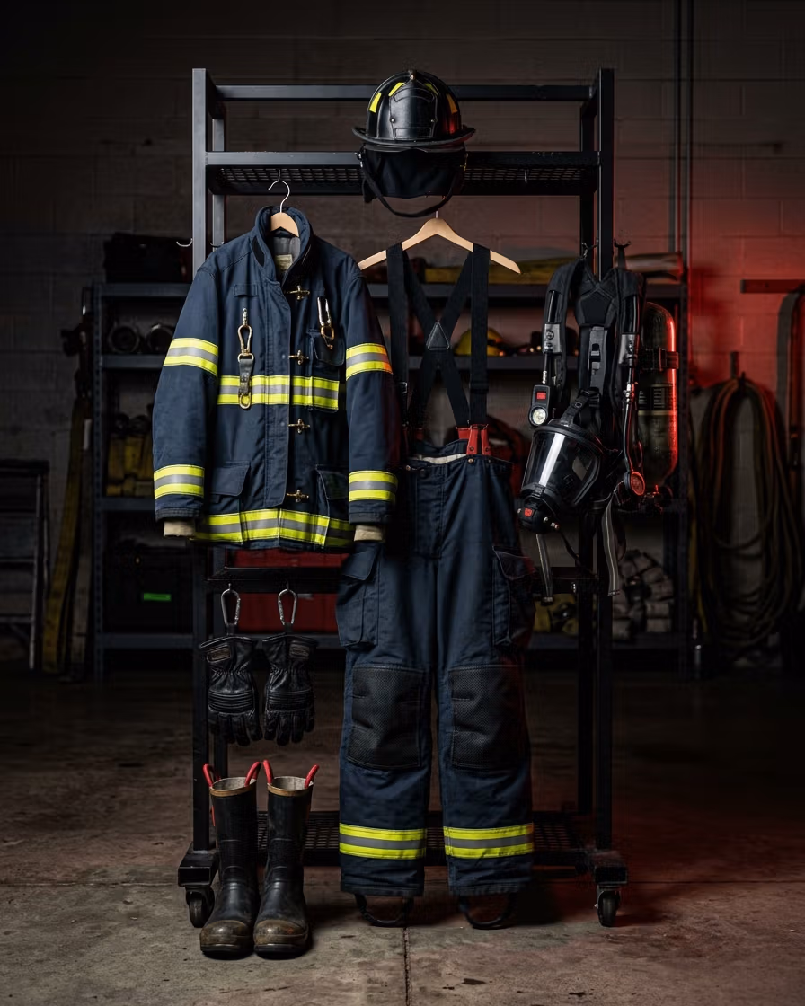 Equipo de protección personal completo del bombero exhibido en rack de estación