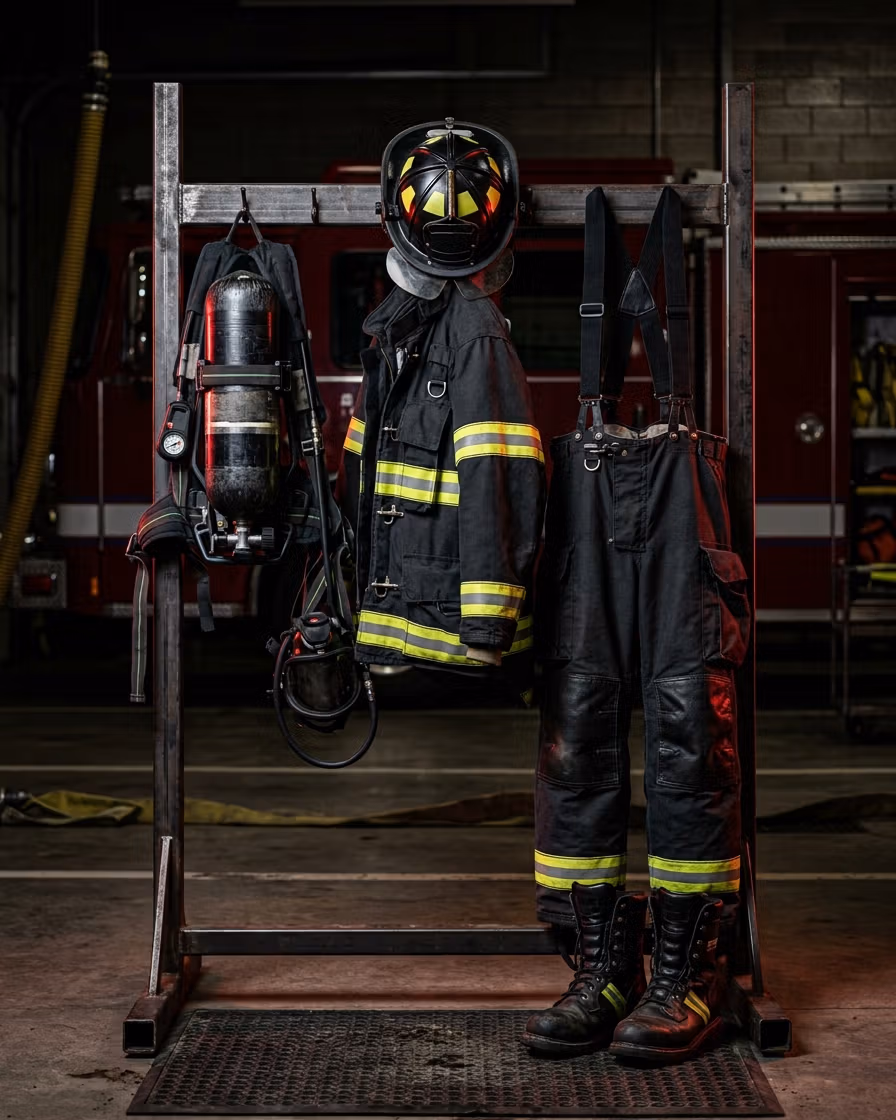 Equipo de protección personal completo del bombero exhibido en rack de estación