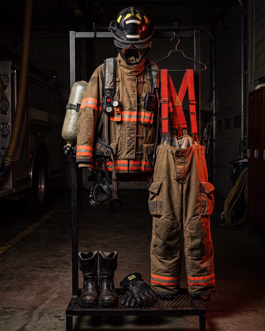 Equipo de protección personal completo del bombero exhibido en rack de estación