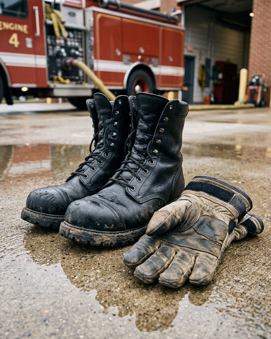Equipo de protección personal completo del bombero exhibido en rack de estación