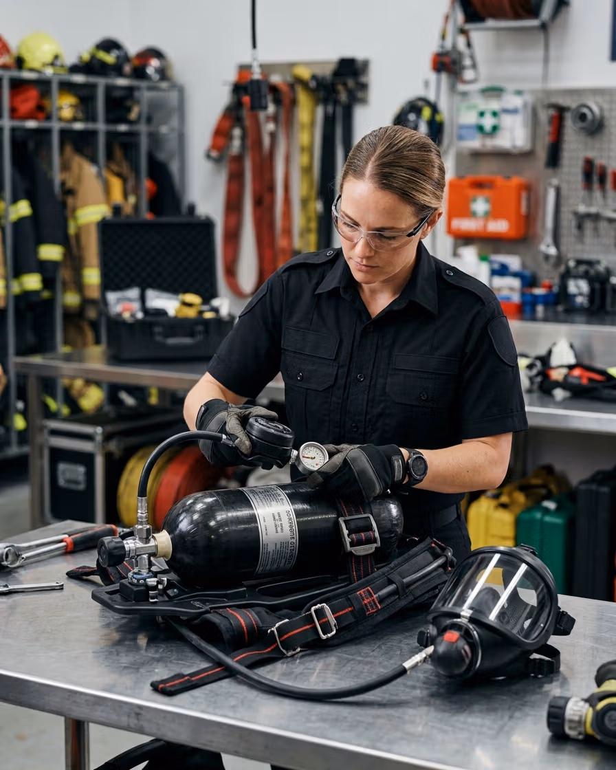 Bombero inspeccionando equipo de respiración autónoma SCBA
