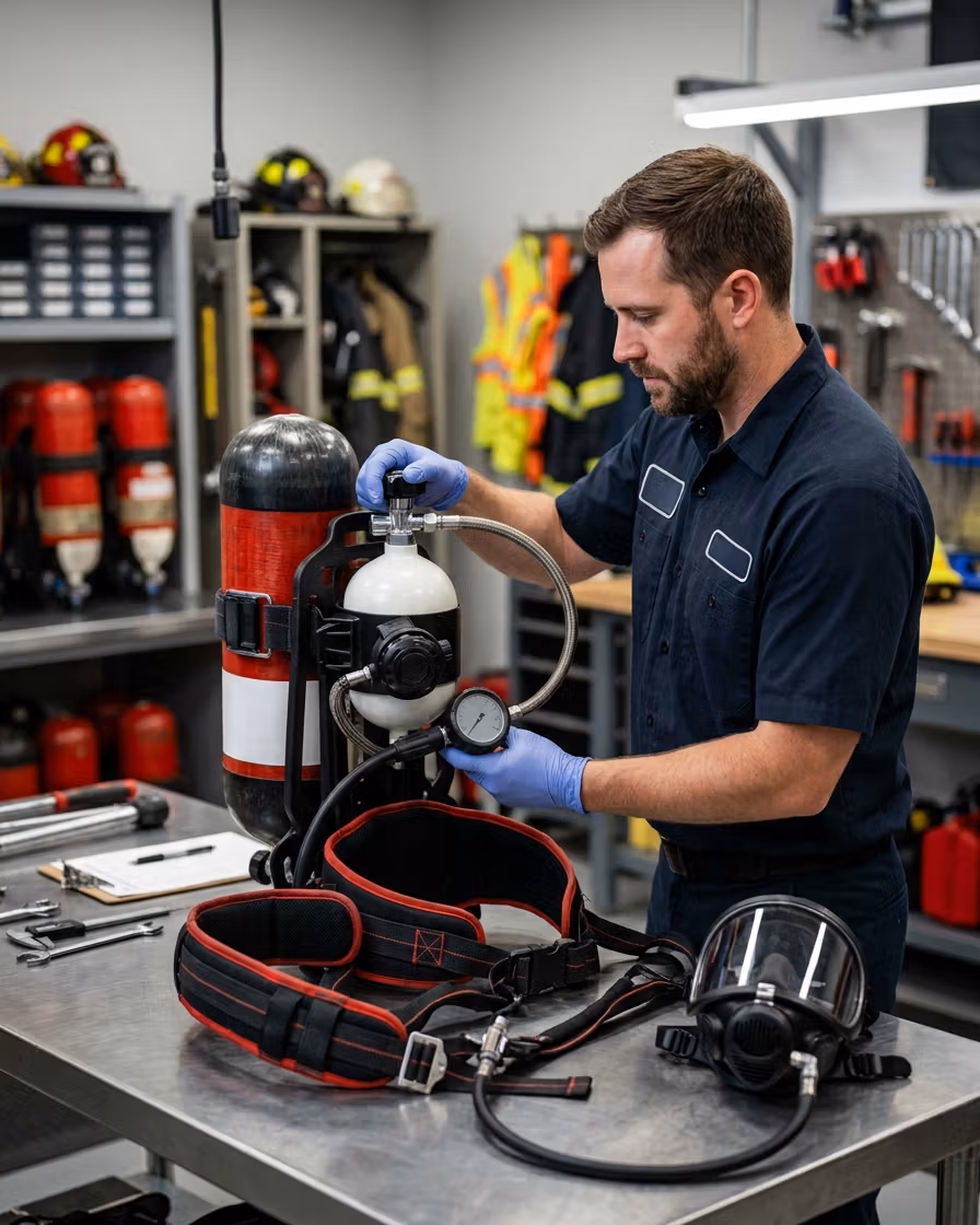 Bombero inspeccionando equipo de respiración autónoma SCBA