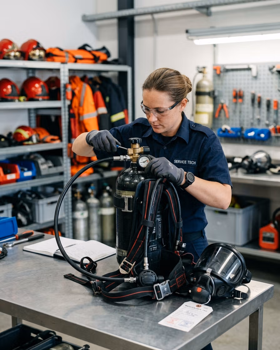 Bombero inspeccionando equipo de respiración autónoma SCBA
