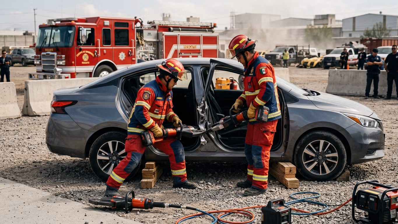 Bomberos operando herramientas hidráulicas de rescate