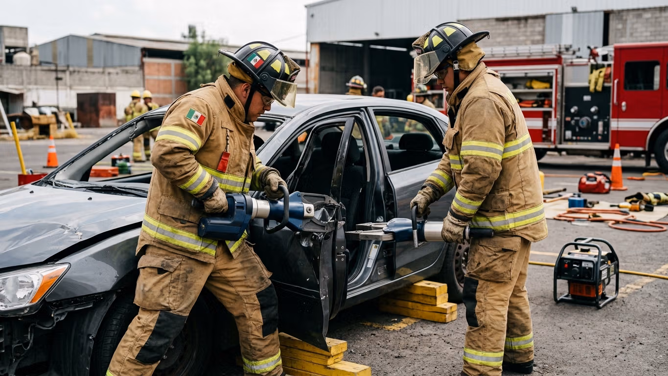 Bomberos operando herramientas hidráulicas de rescate