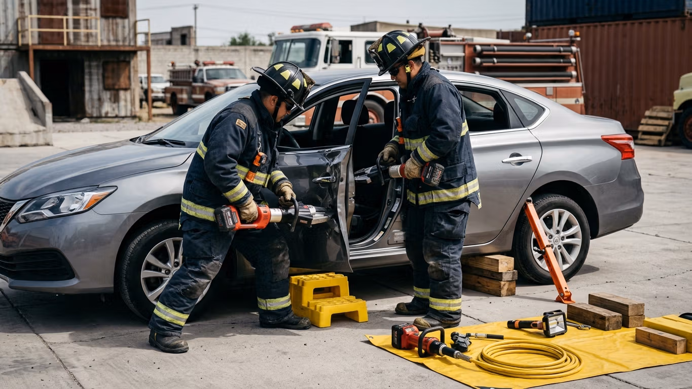 Bomberos operando herramientas hidráulicas de rescate