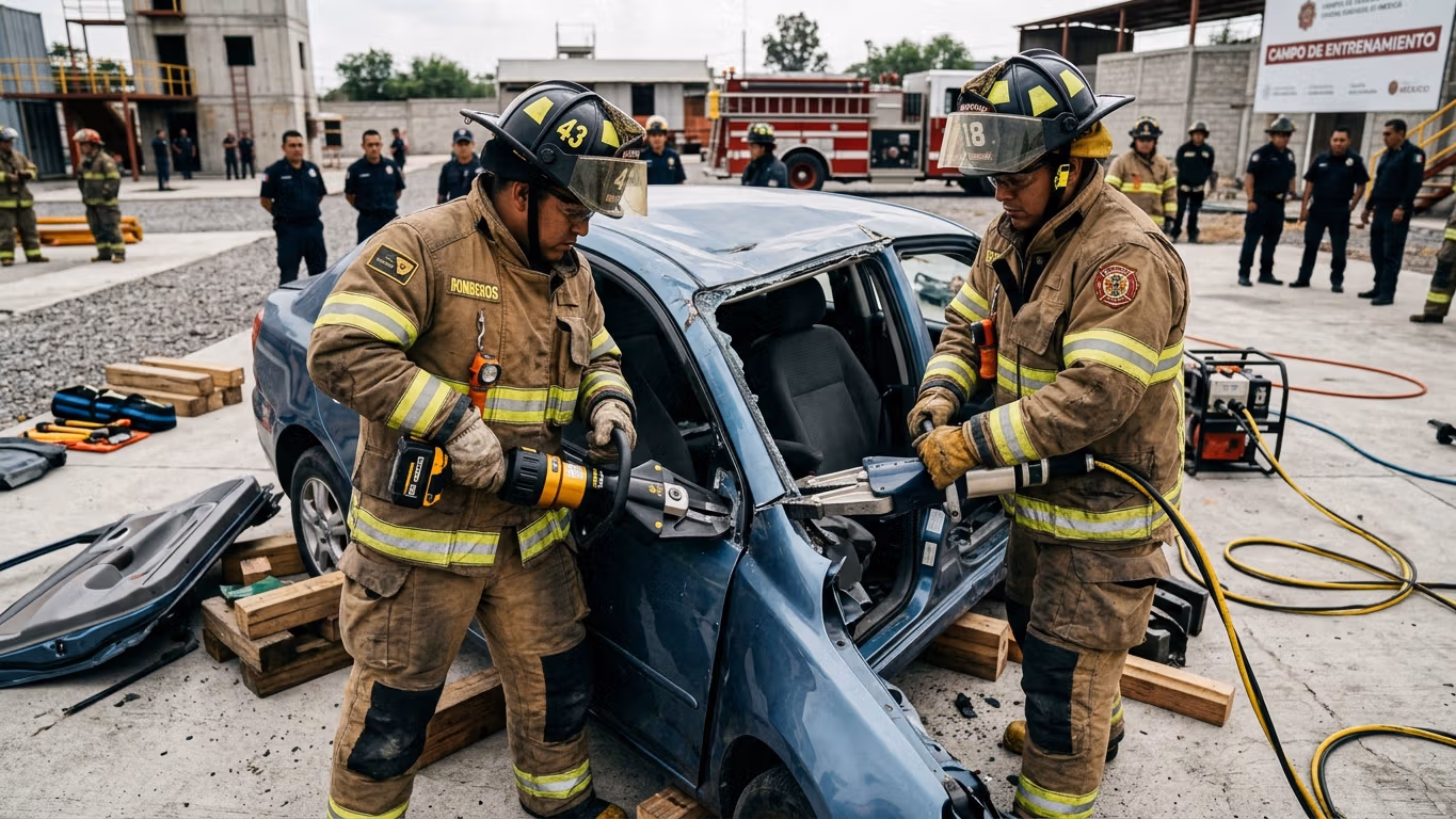 Bomberos operando herramientas hidráulicas de rescate