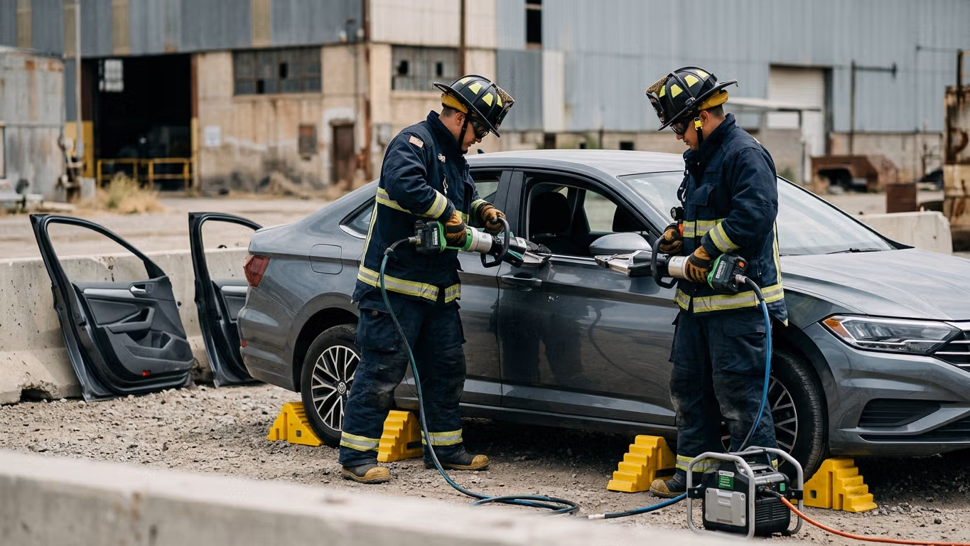 Bomberos operando herramientas hidráulicas de rescate