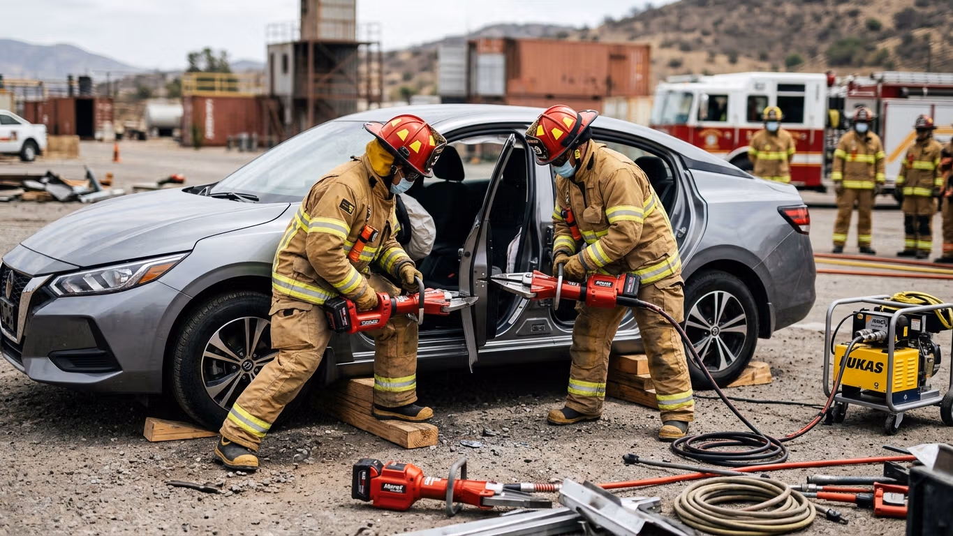 Bomberos operando herramientas hidráulicas de rescate