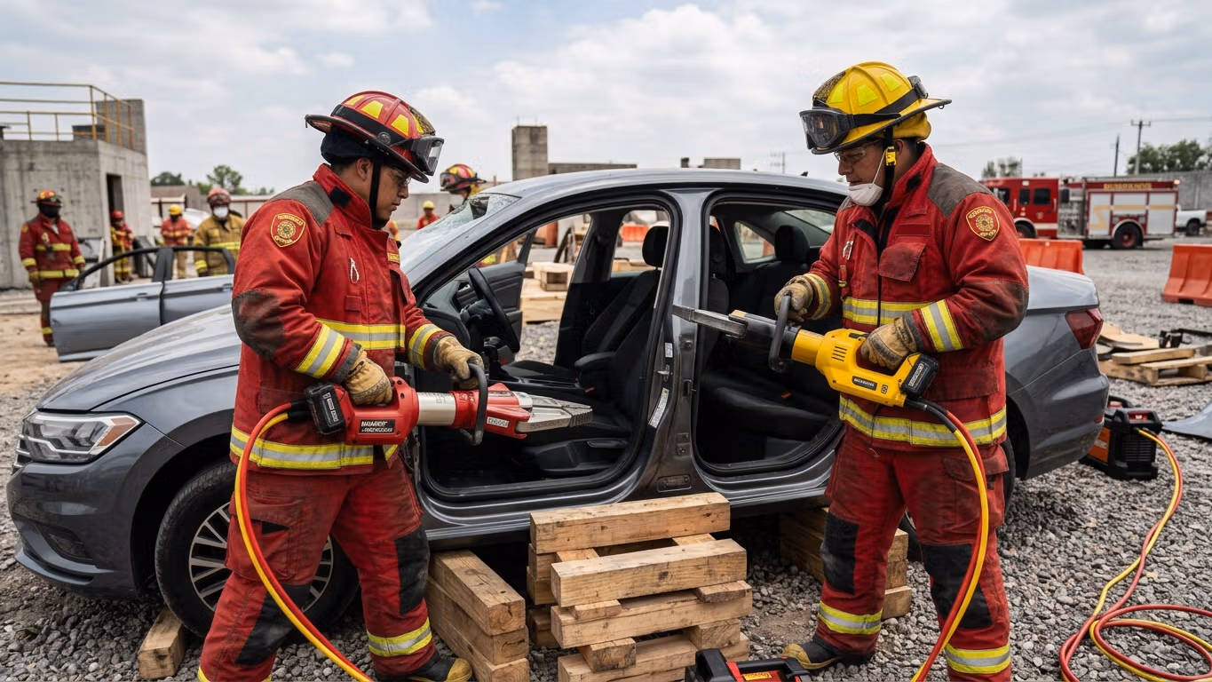 Bomberos operando herramientas hidráulicas de rescate