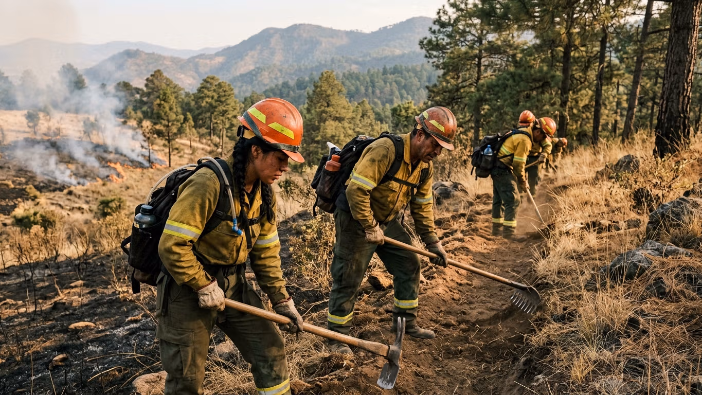 Brigada forestal combatiendo incendio de vegetación