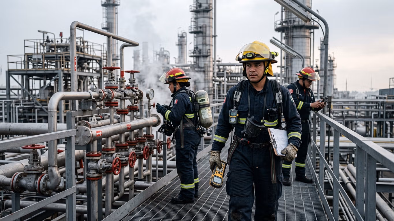 Brigada de bomberos realizando inspección de seguridad en instalación industrial