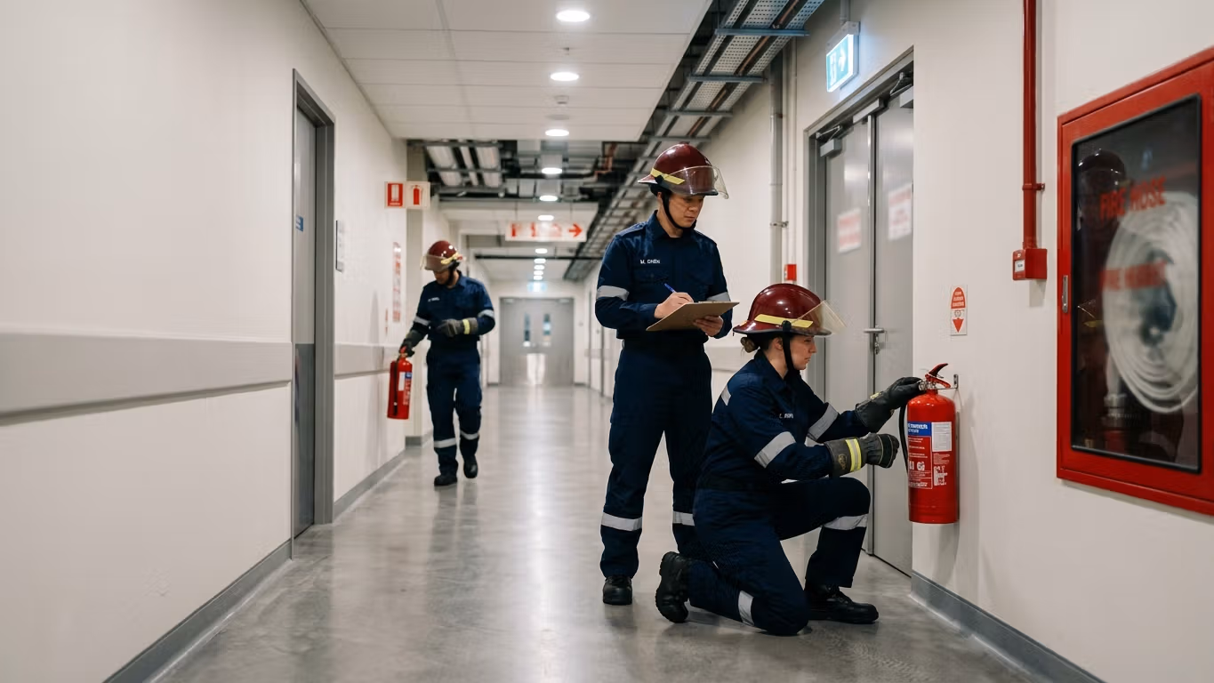 Brigada de bomberos realizando inspección de seguridad en instalación industrial