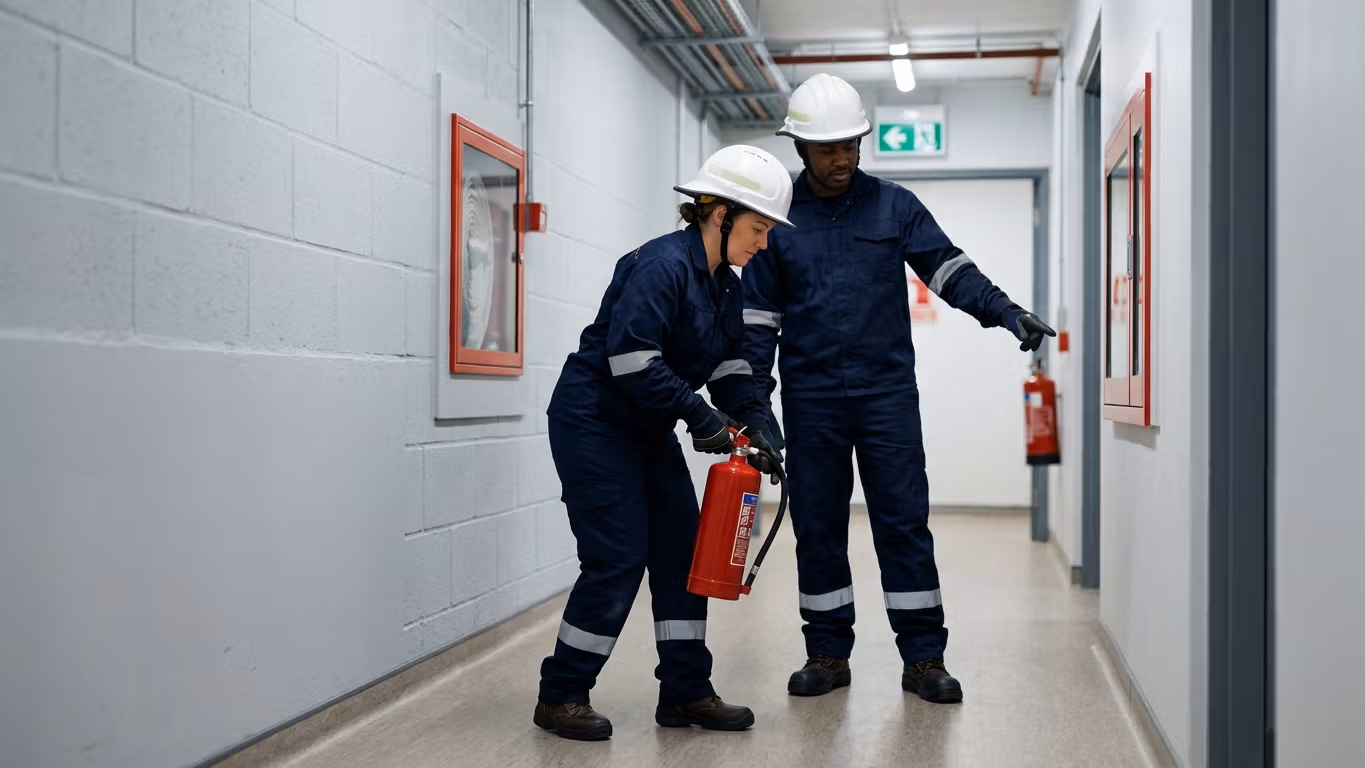 Brigada de bomberos realizando inspección de seguridad en instalación industrial