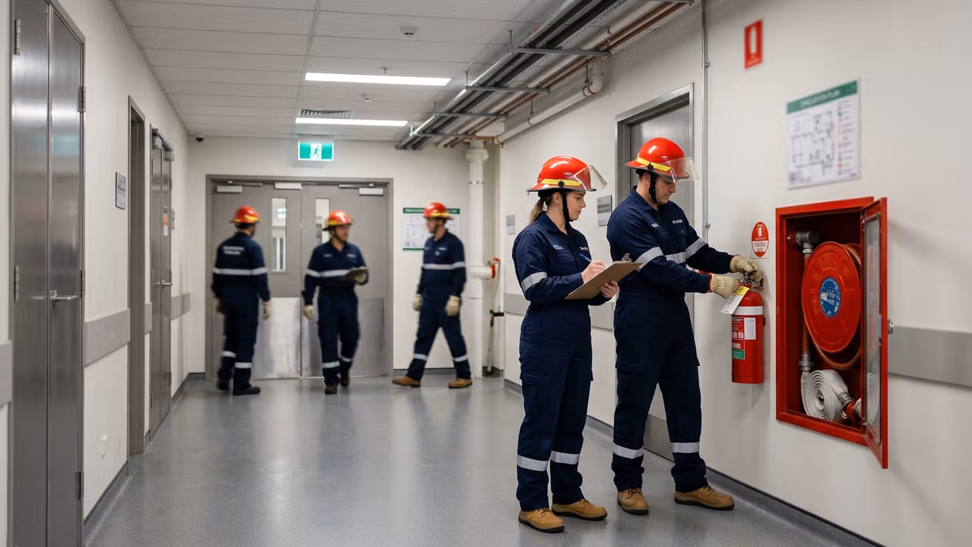 Brigada de bomberos realizando inspección de seguridad en instalación industrial