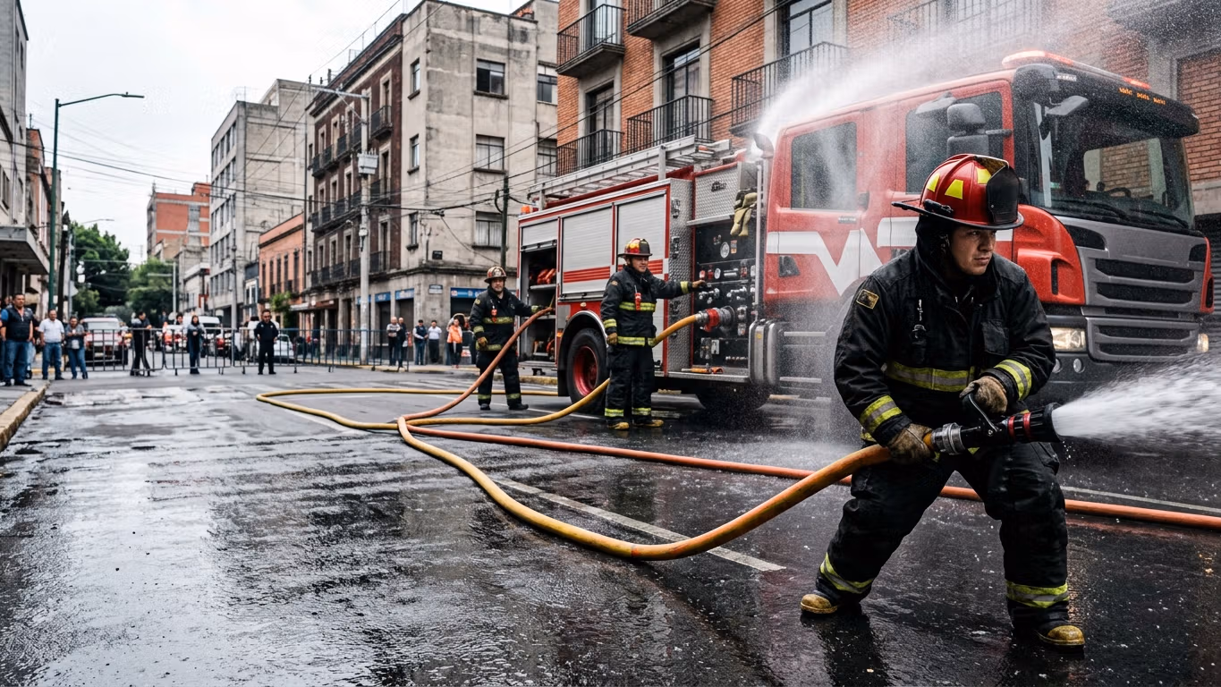 Cuadrilla de bomberos desplegando manguera contra incendio