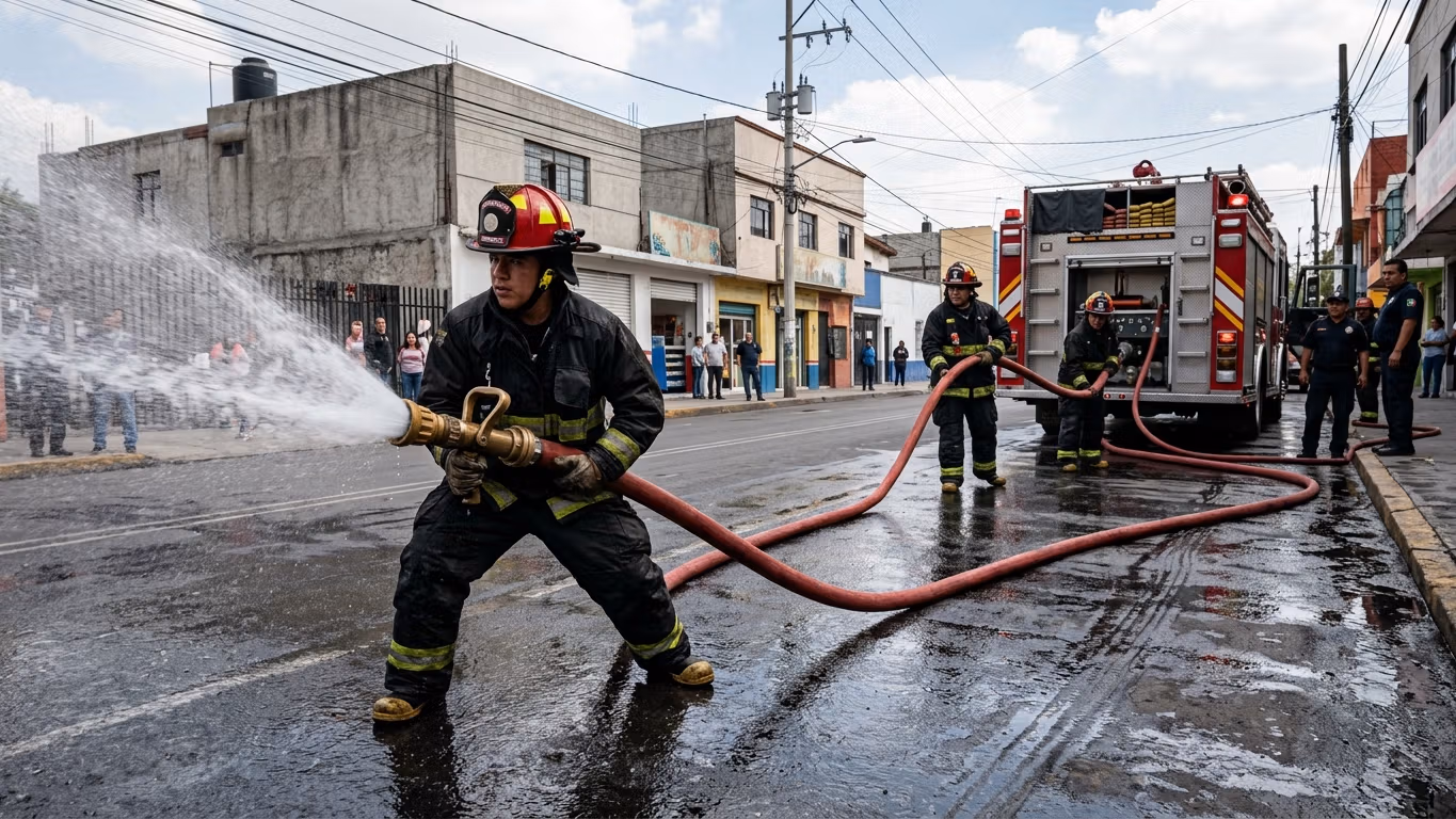 Cuadrilla de bomberos desplegando manguera contra incendio