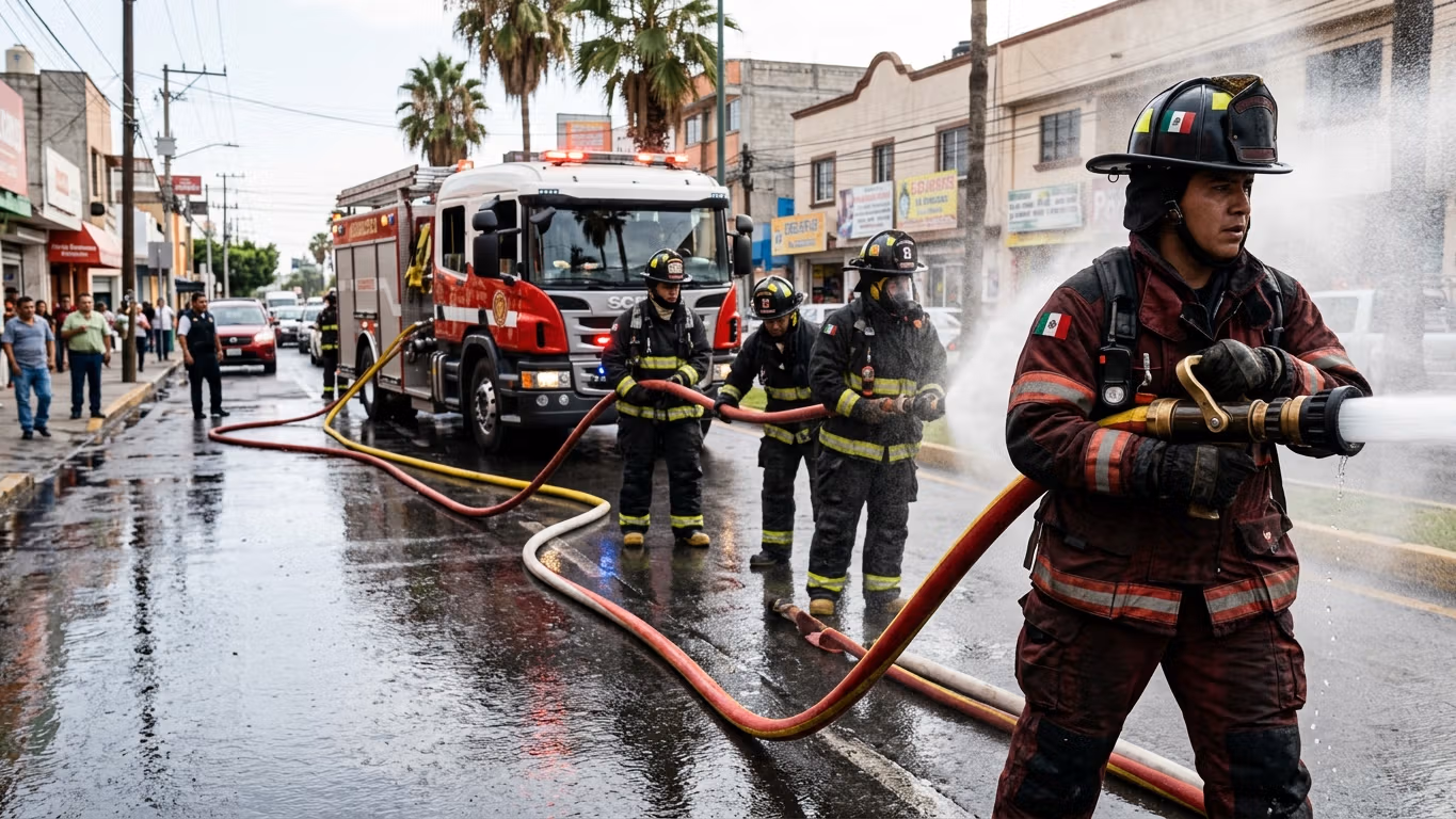 Cuadrilla de bomberos desplegando manguera contra incendio