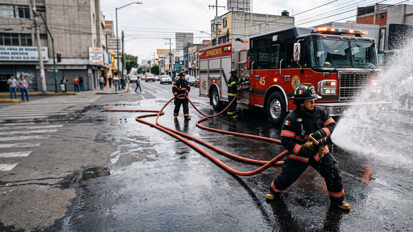Cuadrilla de bomberos desplegando manguera contra incendio