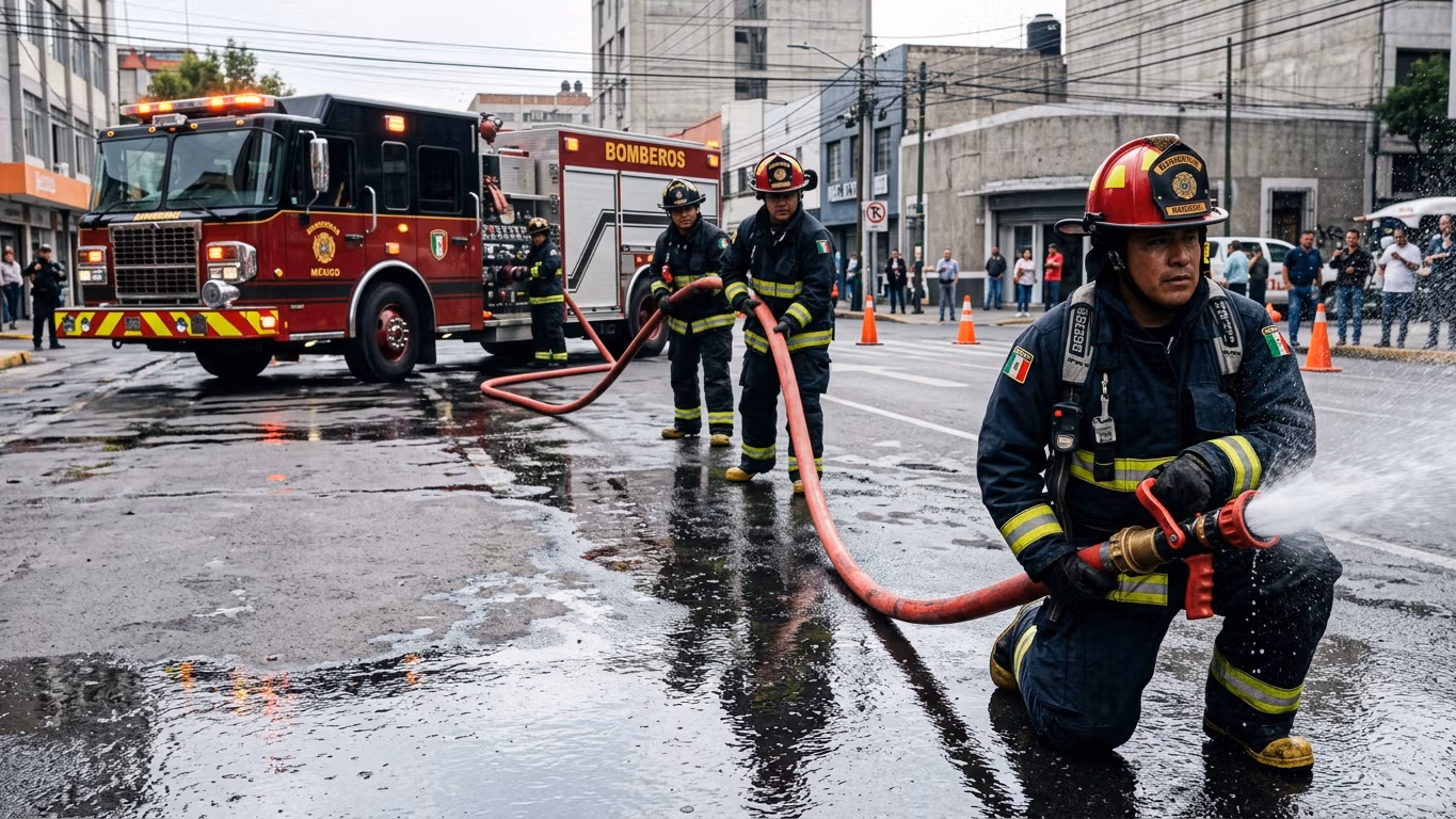 Cuadrilla de bomberos desplegando manguera contra incendio