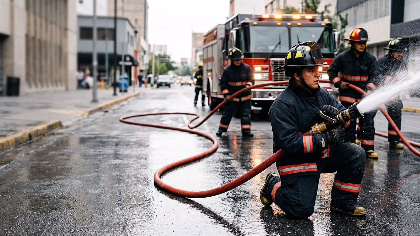 Cuadrilla de bomberos desplegando manguera contra incendio