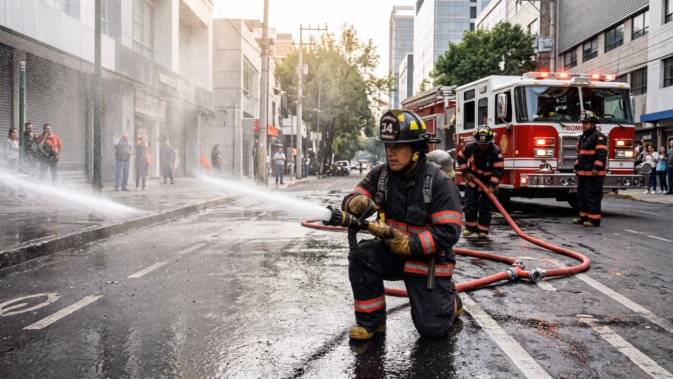 Cuadrilla de bomberos desplegando manguera contra incendio