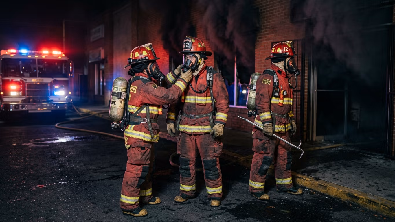 Cuadrilla de bomberos desplegando manguera contra incendio
