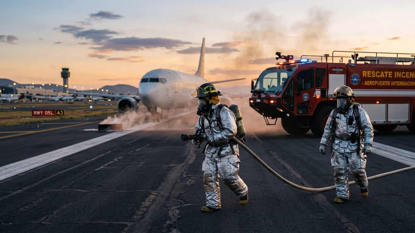 Brigada de bomberos en operación de rescate y extinción aeroportuaria