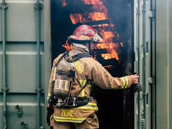 Bombero abriendo una puerta metálica con guantes de intervención