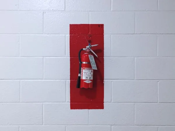 Extintor montado sobre placa de identificación roja