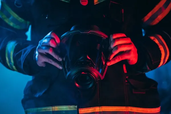 Manos con guantes de intervención sujetando equipo de bombero