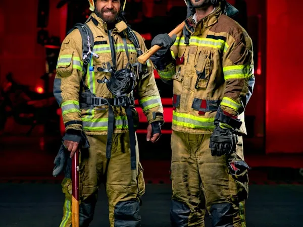 Dos bomberos con casco y visera durante una operación